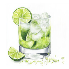 Caipirinha cocktail with ice cubes and lime slice in a short glass. Watercolor illustration on white background. Traditional Brazilian drink with lime