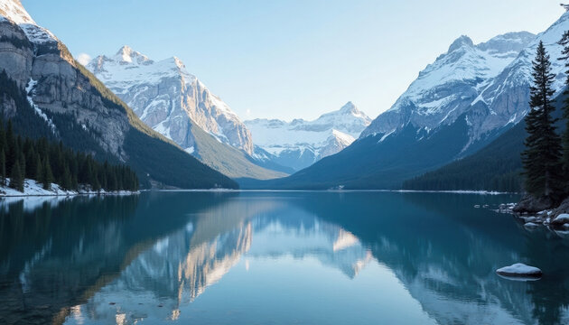 A serene mountain lake reflects snow-capped peaks under a bright sky in a landscape vista. - Powered by Adobe