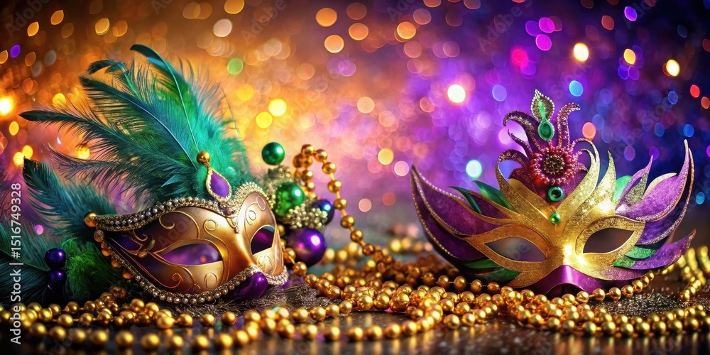 Poster ornate masquerade masks adorned with vibrant feathers and glittering beads rest on a bed of golden s