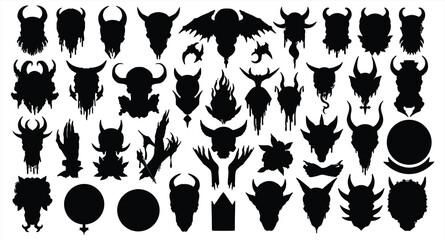 Expansive vector compilation of diverse demonic and mythical creature silhouettes, featuring horned heads, dragons, and abstract forms, perfect for dark fantasy and gaming designs.