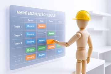 Wooden mannequin wearing yellow safety helmet points to maintenance schedule transparent board, illustrating organized industry planning