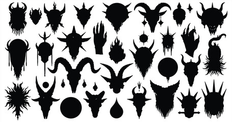 Comprehensive vector set of unique animal skull and evil creature silhouettes, including various horned shapes and arcane symbols, ideal for gothic and horror themes.