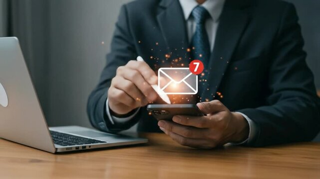 Businessman checking new email notification on his smartphone at the office desk