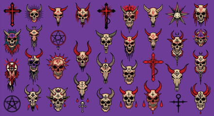 Comprehensive vector pack of unique gothic and esoteric symbols, including horned skulls, inverted crosses, and pentagrams, ideal for dark-themed projects and patterns.