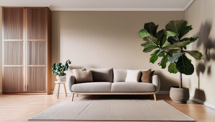 Obraz premium a living room with beige walls a grey sofa and wooden cabinets on the wall a large fiddle leaf fig tree in a white pot is placed near the window