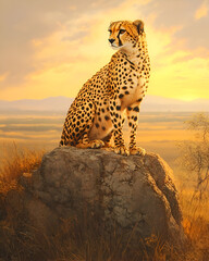 A cheetah perched on a rock, surveying the vast savannah below. The warm golden light of the late afternoon sun highlights the cheetahs graceful form and its dominance over the landscape.