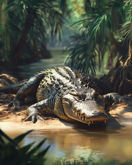 Fototapeta premium A crocodile sunbathing on a riverbank, its eyes half-closed as it basks in the midday sun. The surrounding lush vegetation and the calm river contrast with the predators menacing form.