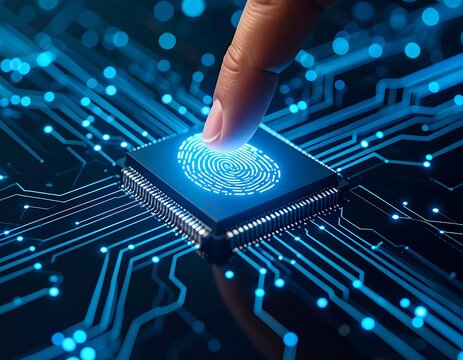 Finger touching a glowing fingerprint sensor on a circuit board