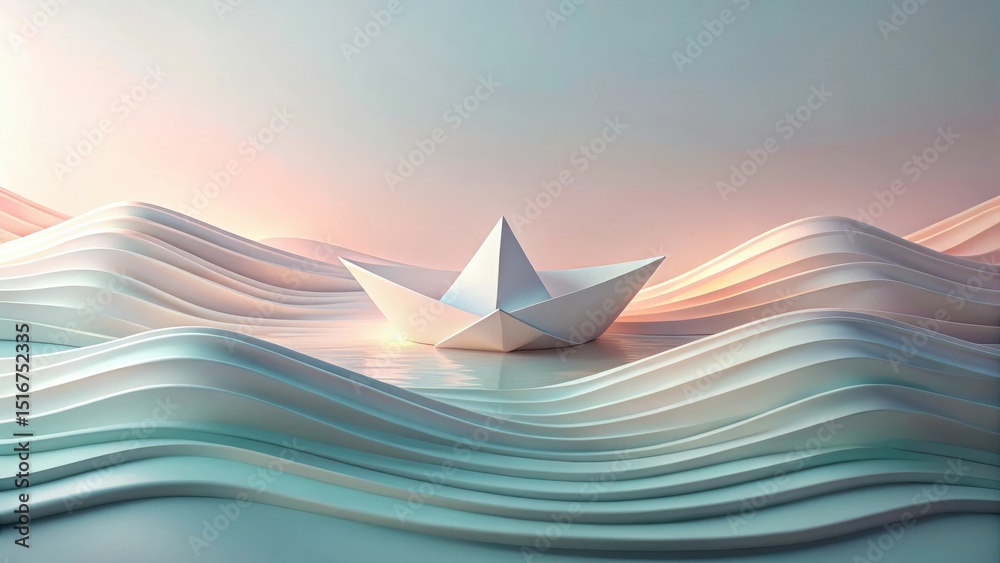Poster a serene origami boat navigates a stylized seascape of gently undulating waves, bathed in the soft g