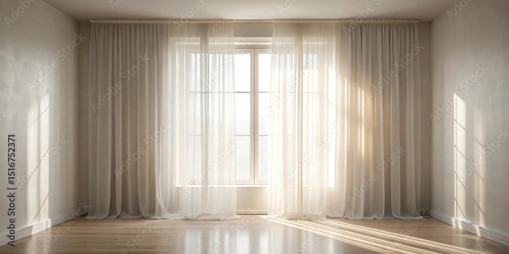 Aufkleber sunlight streams through sheer curtains in a minimalist room with light hardwood floors