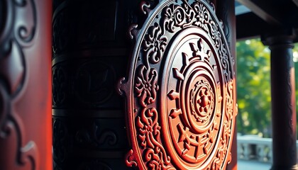 close up of a wooden structure with carvings on it