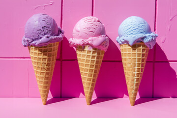 Three ice cream cones sit on a bright pink surface,