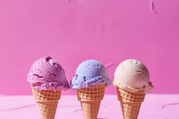 Three ice cream cones sit on a bright pink surface,
