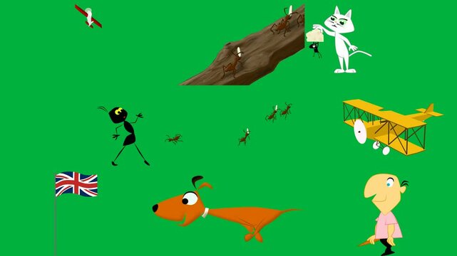 green screen red cross it group ants crawling tree branch person holding piece cheese ant airplane background british flag cartoon dog running character pink shirt black pants arrow white.