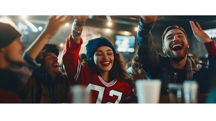 Group of friends cheering and laughing at a sporting event.