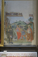Fresco by Francesco Botticini, c.1475-80, Santa Maria Novella, Florence. Depicts Saint Roch, Tobias with Archangel Raphael, and a bishop saint in pastoral landscape.