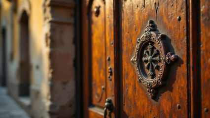 Fototapeta premium A wooden door with a Christian cross, set into an old stone building wall.