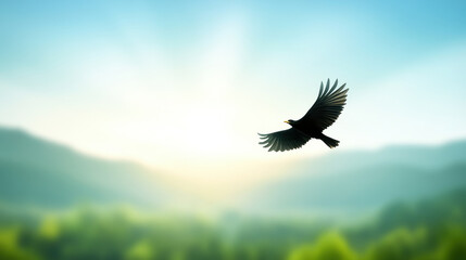 Bird gracefully soars over misty mountain landscape at dawn, with soft sunlight illuminating serene scene and lush greenery below, evoking sense of peace and freedom