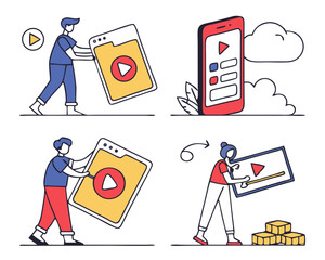 Video app. Set of vector illustrations for web banner, social media banner, business presentation, marketing material.  