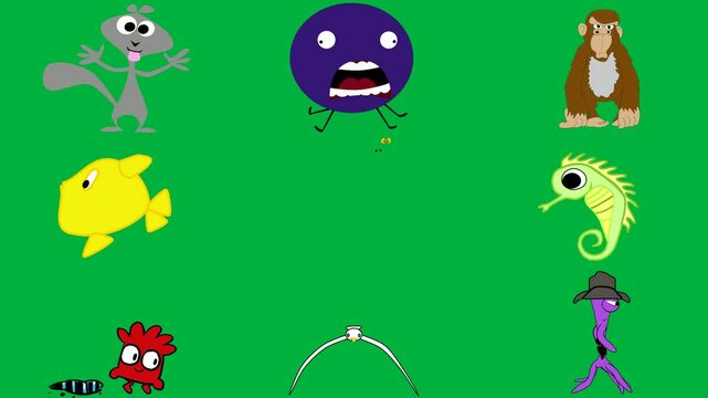 cartoon squirrel green background ant monkey yellow fish screen map country seahorse character bird flying over hat boots red dot it black eye his mouth head star holding white sky blue.