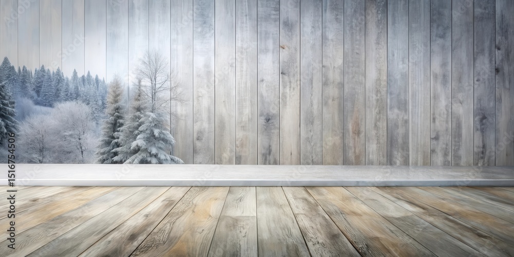 Poster winter wonderland backdrop serene snow-covered forest with rustic wooden wall and floor display