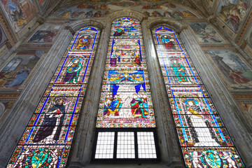 Stained glass window in the Tornabuoni Chapel, Santa Maria Novella, Florence, Italy. Iconography of...