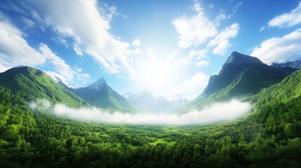 Breathtaking cinematic panorama of lush green valley surrounded by fog drenched mountains under vibrant sunrise, with serene and peaceful atmosphere