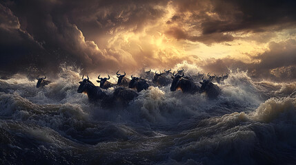 A herd of wildebeests crossing the Mara River during the Great Migration, with the tumultuous water...