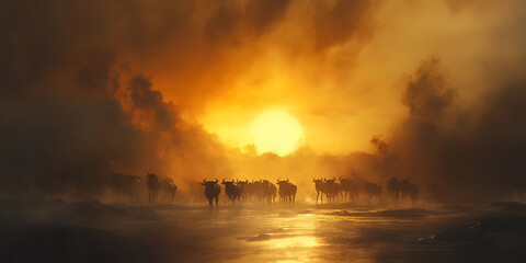 A herd of wildebeests crossing a river during the dry season, their bodies silhouetted against the...
