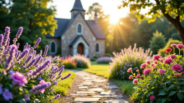 A picturesque path leading to a charming brick church with stained glass windows and flower gardens on either side, basking in warm sunlight and vibrant colors.