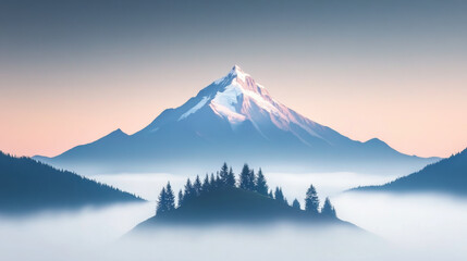 Majestic snow capped mountain peak rises above serene landscape, surrounded by dense morning mist and soft pastel skies. cluster of evergreen trees sits atop hill in foreground