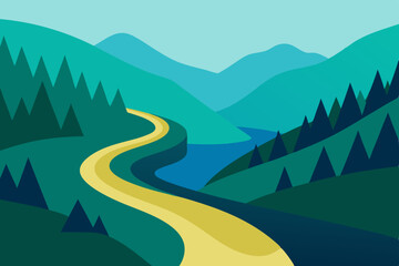 Mountain landscape with a winding road through green hills and snow-capped peaks under a vast sky