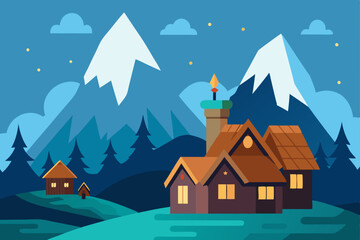 Christmas winter landscape with snow-covered houses, trees, and a starry night sky, ideal for a holiday card illustration