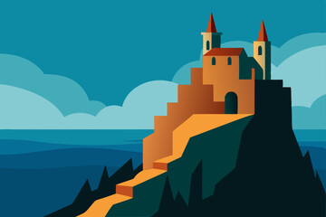 Obraz premium Medieval European castle on a hill at sunset, a dramatic silhouette against a fantasy sky with clouds, ideal for vector art illustration of historical architecture
