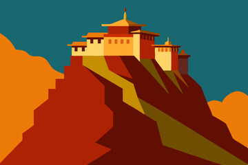 Obraz premium Stone medieval European castle silhouette on a mountain landscape with sunset sky and ancient architecture