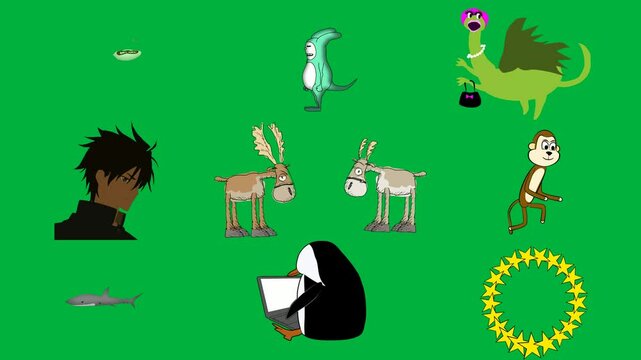 green screen white background cartoon character running illustration dinosaur hat bag anime black hair moose standing next each other monkey penguin laptop yellow stars middle small bird.