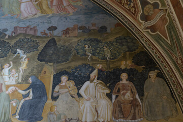 Fresco by Andrea di Bonaiuto in the Spanish Chapel, Santa Maria Novella, Florence, Italy. Allegory of active life with musicians, judges, and dancing women.