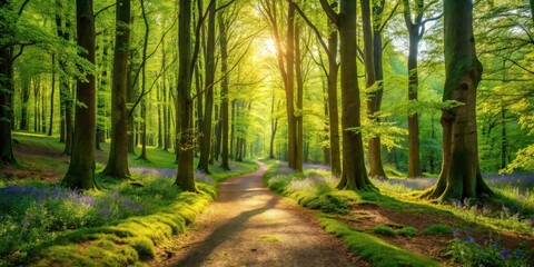 Obraz premium Serene Path Through a Sunlit Spring Woodland with Vibrant Wildflowers