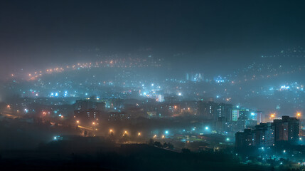 Night cityscape view with city lights glowing through the fog and haze creating a soft ambiance