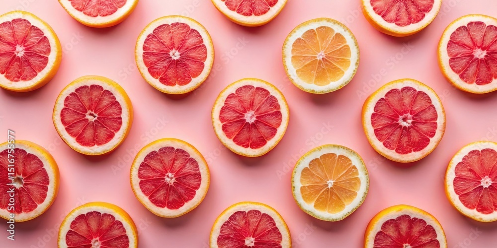 Poster Vibrant Citrus Slices Arranged in a Repeating Pattern on a Soft Pink Background, Creating a Visually Appealing and Refreshing Image Ideal for Culinary or Health-Related Projects