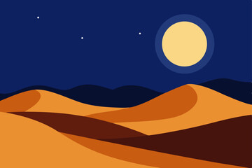 Obraz premium Dark night desert landscape with a bright moon and stars over mountains and sand