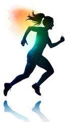 Dynamic silhouette of a running woman with colorful abstract splash on white background