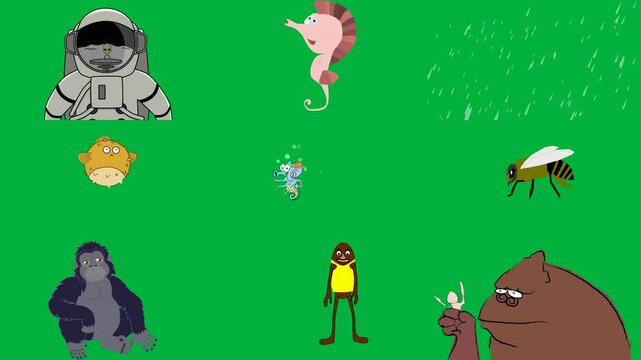 astronaut green background cartoon seahorse screen rain falling down fish amazing world gum bee gorilla sitting character bear rabbit are facing each other big smile face white it middle.