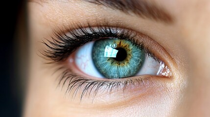 Obraz premium Close-up of a human eye with vibrant blue-green iris and detailed eyelashes