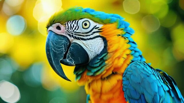 Close up of a vibrant macaw parrot with blue and yellow feathers against a blurred background