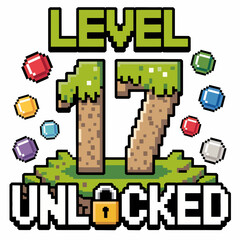 Pixelated graphics showcase the phrase "Level 17 Unlocked" with a lock symbol, featuring colorful gems surrounding a dirt block