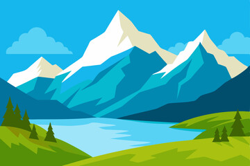 Mountain landscape panorama with a lake, snow-capped peaks, and clouds in the summer sky