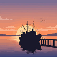 Fototapeta premium Silhouette of docked fishing boat against vibrant sunset at peaceful harbor