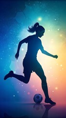 Silhouette of a female soccer player kicking the ball in a dynamic abstract composition