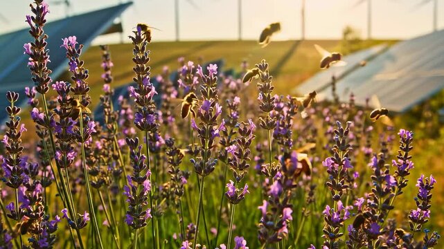 Lavender flowers with bees in sunlit solar farm field, natural harmony and green energy synergy
